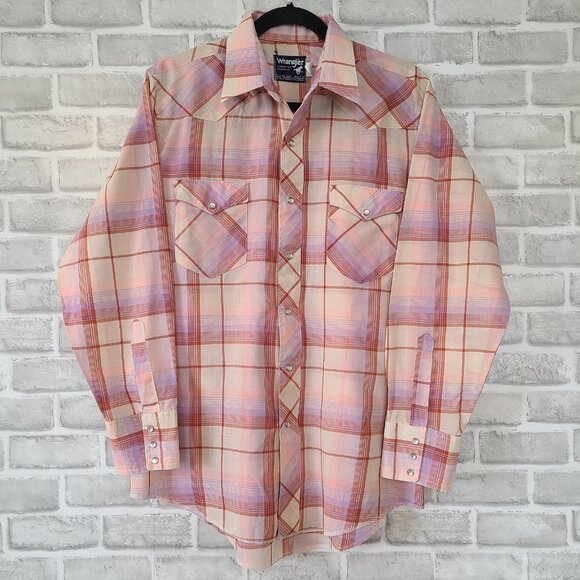 Vtg Wrangler X-Long Tails Pearl Snap Shirt Western Cowboy Rodeo 16 1/2×33 USA - Picture 1 of 8